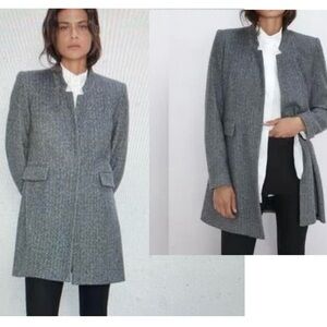 Zara women's gray herringbone blazer coat with mandarin collar & flap pockets S